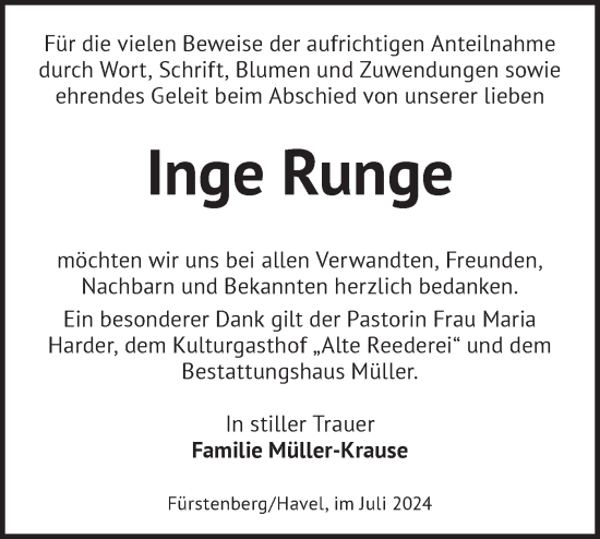 Traueranzeige von Inge Runge von Märkische Oderzeitung