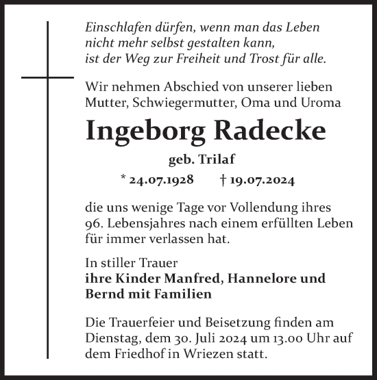 Traueranzeige von Ingeborg Radecke von Märkische Oderzeitung