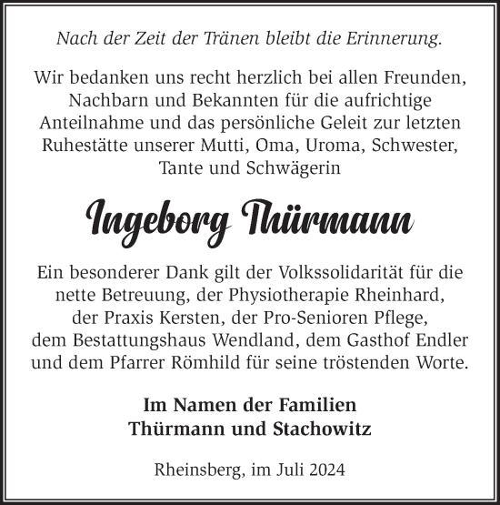 Traueranzeige von Ingeborg Thürmann von Märkische Oderzeitung