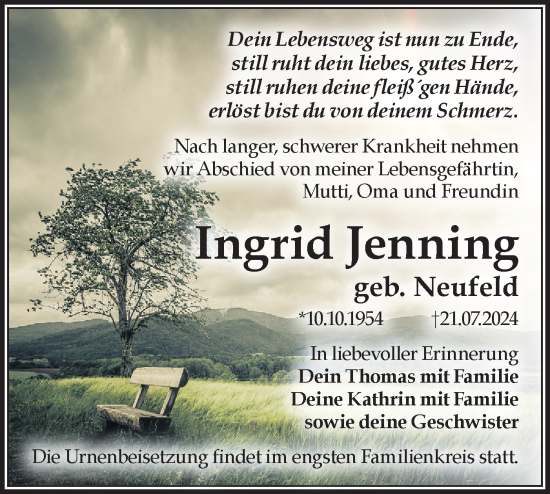 Traueranzeige von Ingrid Jenning von Märkische Oderzeitung