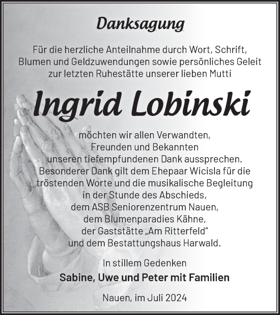 Traueranzeige von Ingrid Lobinski von Märkische Oderzeitung