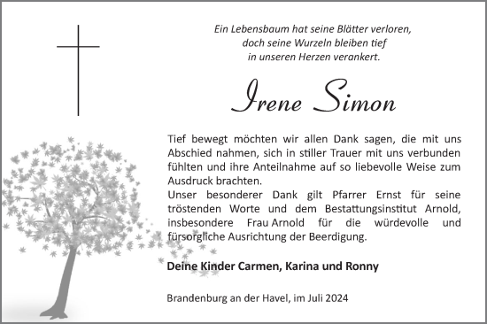 Traueranzeige von Irene Simon von Märkische Oderzeitung