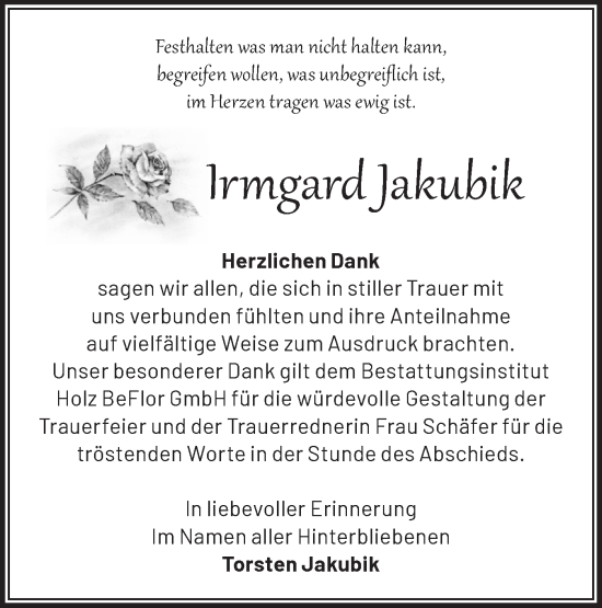 Traueranzeige von Irmgard Jakubik von Märkische Oderzeitung