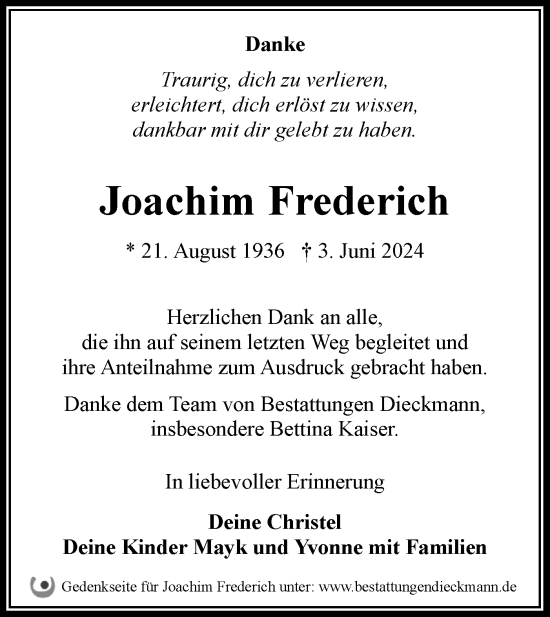 Traueranzeige von Joachim Frederich von Märkische Oderzeitung