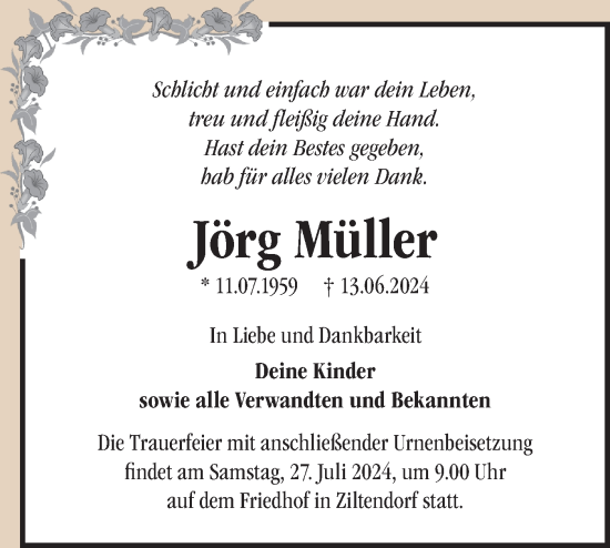 Traueranzeige von Jörg Müller von Märkische Oderzeitung
