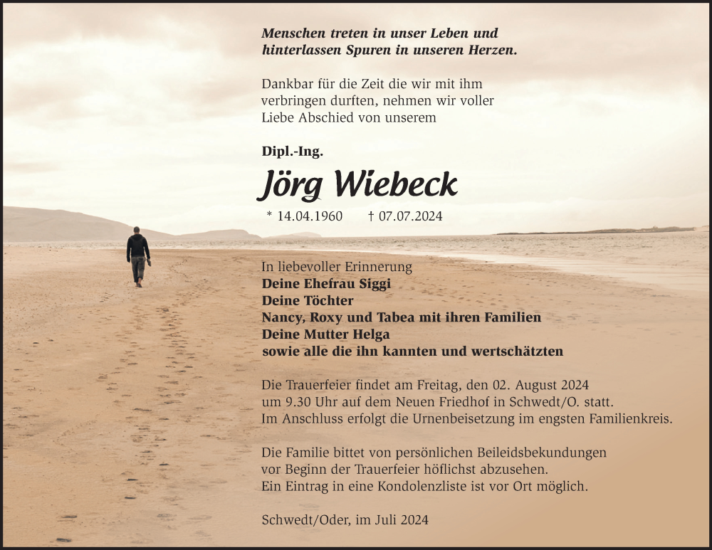  Traueranzeige für Jörg Wiebeck vom 16.07.2024 aus Märkische Oderzeitung