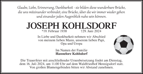 Traueranzeige von Joseph Kohlsdorf von Märkische Oderzeitung