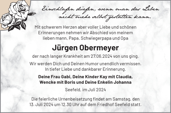 Traueranzeige von Jürgen Obermeyer von Märkische Oderzeitung