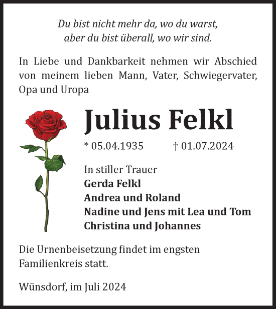 Traueranzeige von Julius Felkl von Märkische Oderzeitung