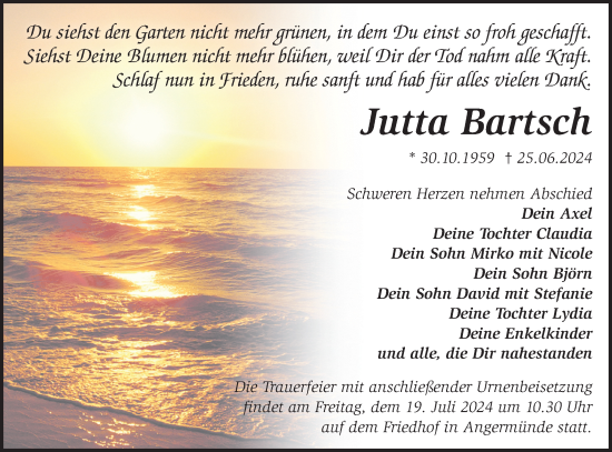 Traueranzeige von Jutta Bartsch von Märkische Oderzeitung