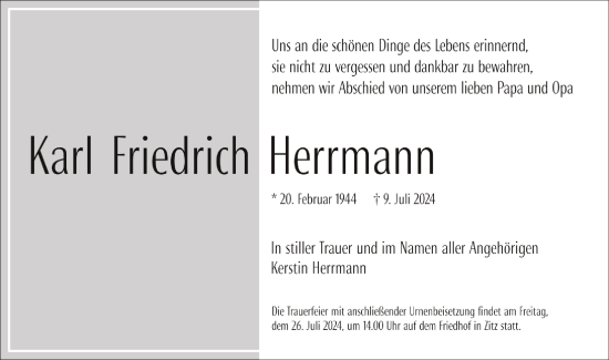 Traueranzeige von Karl Herrmann von Märkische Oderzeitung