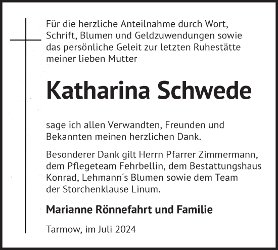 Traueranzeige von Katharina Schwede von Märkische Oderzeitung