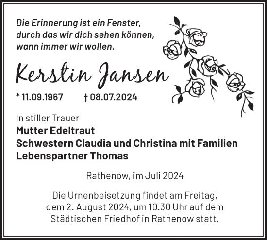 Traueranzeige von Kerstin Jansen von Märkische Oderzeitung