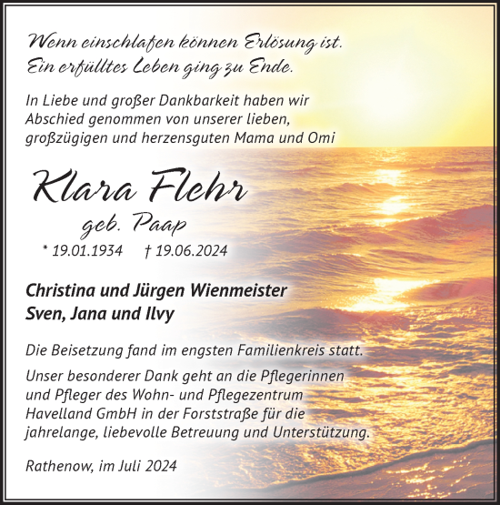 Traueranzeige von Klara Flehr von Märkische Oderzeitung