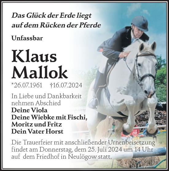Traueranzeige von Klaus Mallok von Märkische Oderzeitung