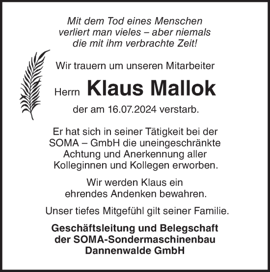 Traueranzeige von Klaus Mallok von Märkische Oderzeitung