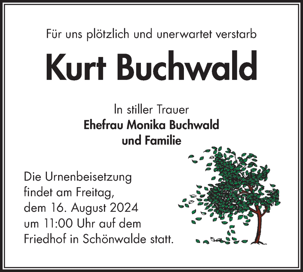  Traueranzeige für Kurt Buchwald vom 27.07.2024 aus Märkische Oderzeitung