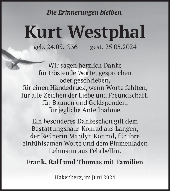 Traueranzeige von Kurt Westphal von Märkische Oderzeitung