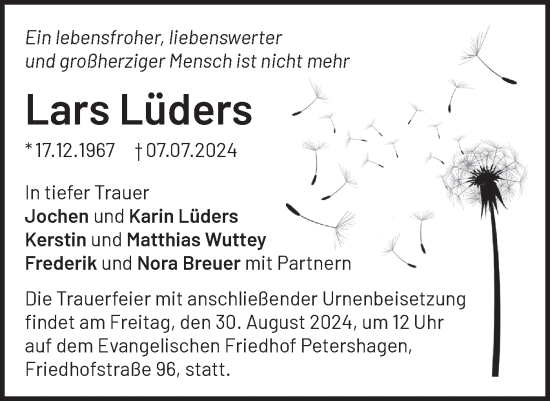 Traueranzeige von Lars Lüders von Märkische Oderzeitung