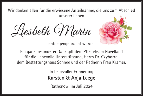 Traueranzeige von Liesbeth Marin von Märkische Oderzeitung