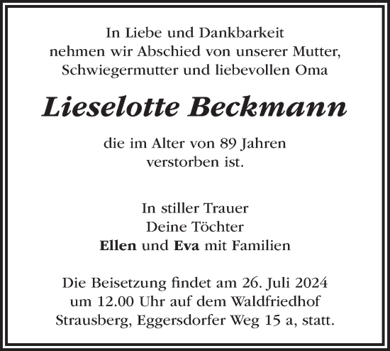 Traueranzeige von Lieselotte Beckmann von Märkische Oderzeitung