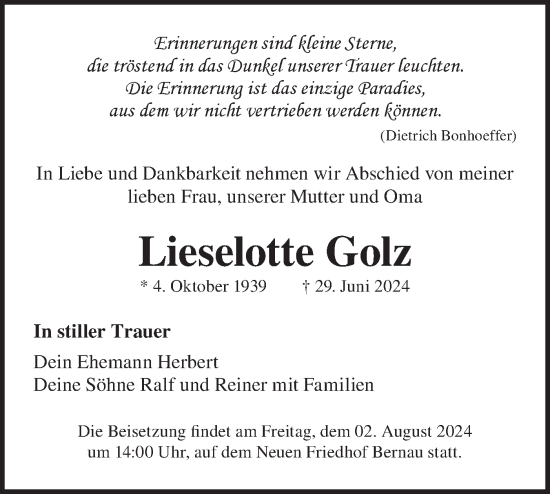 Traueranzeige von Lieselotte Golz von Märkische Oderzeitung