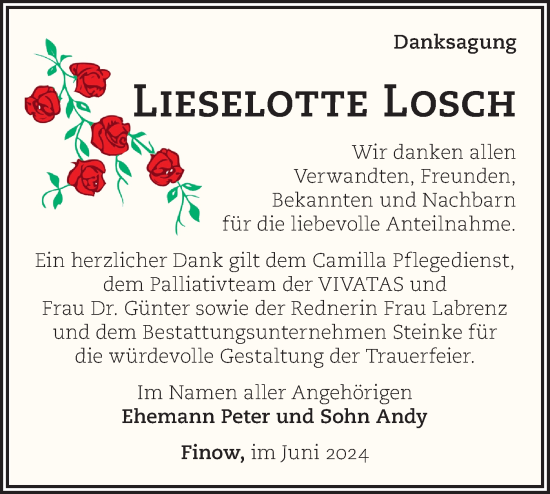 Traueranzeige von Lieselotte Losch von Märkische Oderzeitung