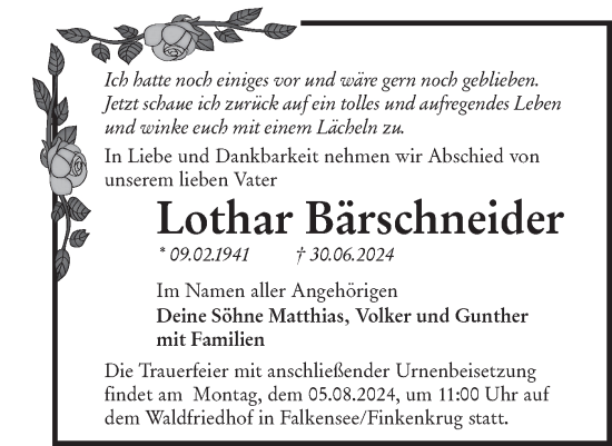 Traueranzeige von Lothar Bärschneider von Märkische Oderzeitung