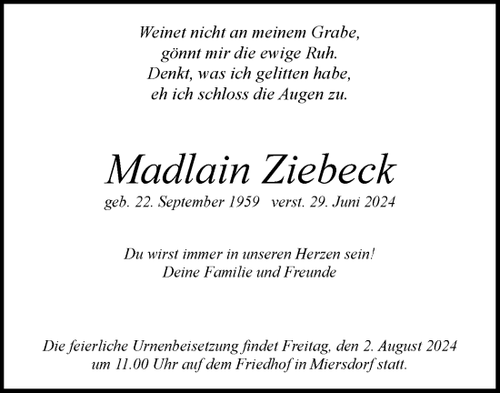Traueranzeige von Madlain Ziebeck von Märkische Oderzeitung