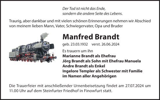 Traueranzeige von Manfred Brandt von Märkische Oderzeitung
