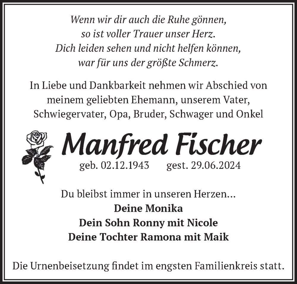  Traueranzeige für Manfred Fischer vom 06.07.2024 aus Märkische Oderzeitung
