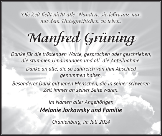 Traueranzeige von Manfred Grüning von Märkische Oderzeitung