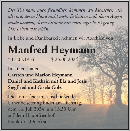 Traueranzeige von Manfred Heymann von Märkische Oderzeitung