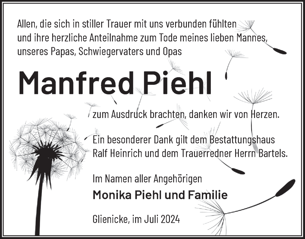  Traueranzeige für Manfred Piehl vom 13.07.2024 aus Märkische Oderzeitung