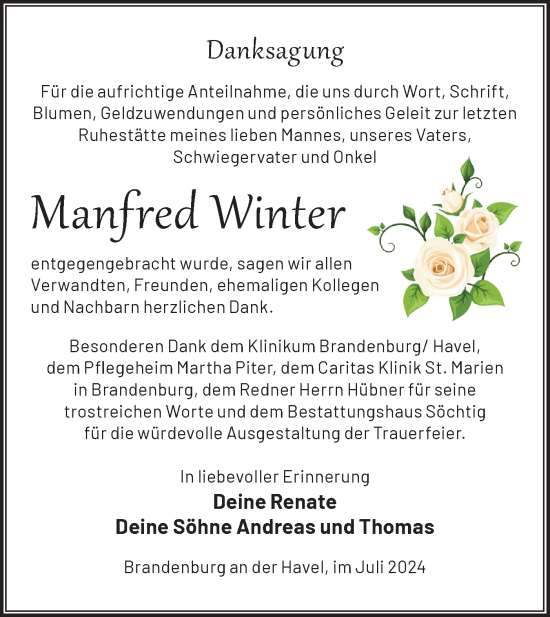 Traueranzeige von Manfred Winter von Märkische Oderzeitung