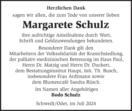 Traueranzeige von Margarete Schulz von Märkische Oderzeitung