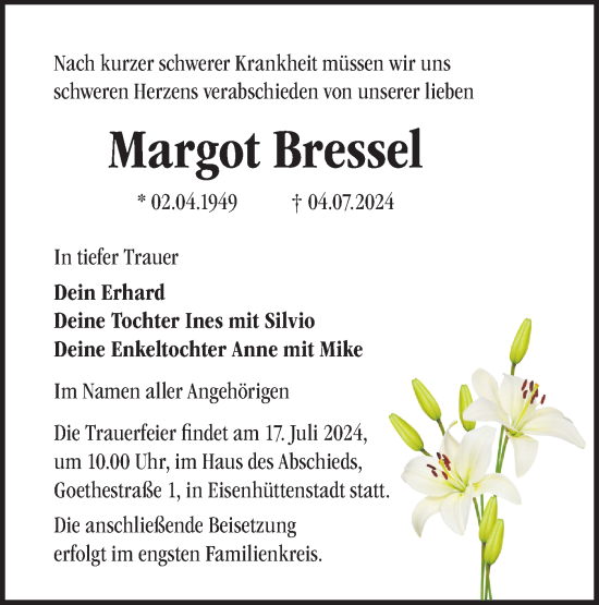 Traueranzeige von Margot Bressel von Märkische Oderzeitung
