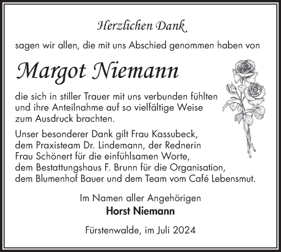 Traueranzeige von Margot Niemann von Märkische Oderzeitung