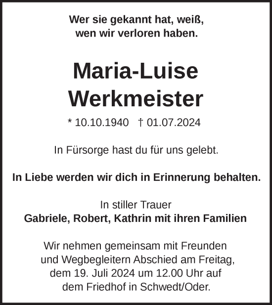 Traueranzeige von Maria-Luise Werkmeister von Märkische Oderzeitung
