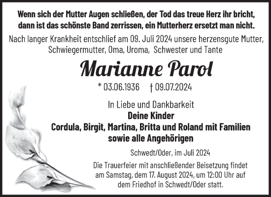 Traueranzeige von Marianne Parol von Märkische Oderzeitung