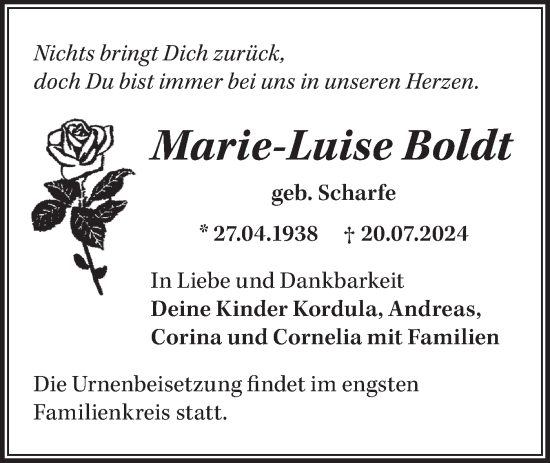 Traueranzeige von Marie-Luise Boldt von Märkische Oderzeitung