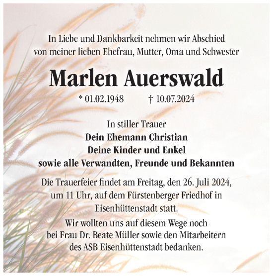 Traueranzeige von Marlen Auerswald von Märkische Oderzeitung