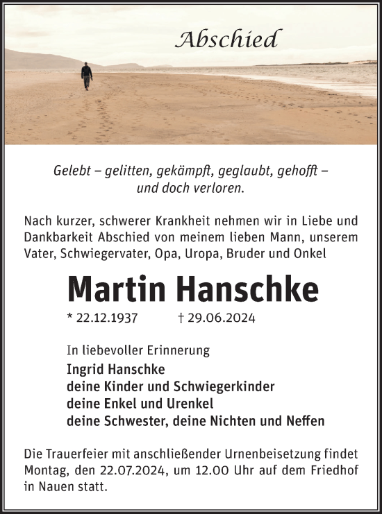 Traueranzeige von Martin Hanschke von Märkische Oderzeitung