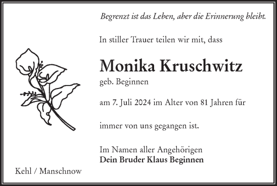Traueranzeige von Monika Kruschwitz von Märkische Oderzeitung
