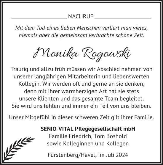 Traueranzeige von Monika Rogowski von Märkische Oderzeitung