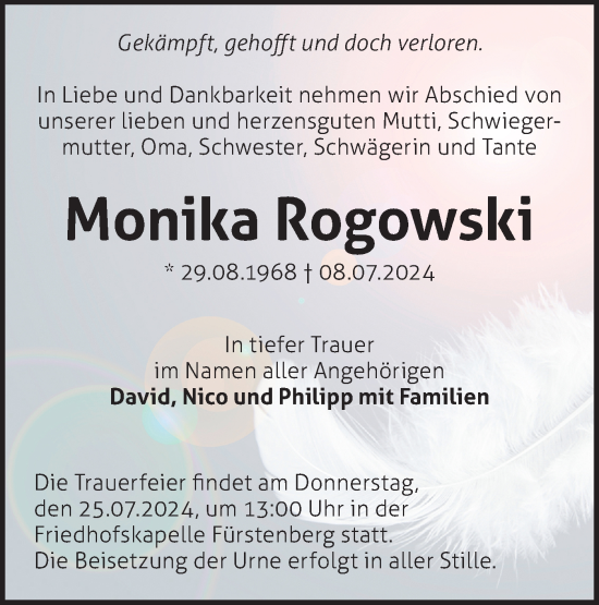 Traueranzeige von Monika Rogowski von Märkische Oderzeitung