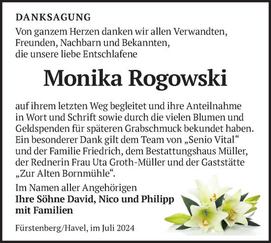 Traueranzeige von Monika Rogowski von Märkische Oderzeitung