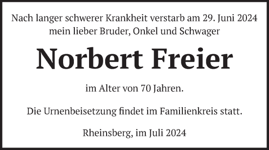 Traueranzeige von Norbert Freier von Märkische Oderzeitung