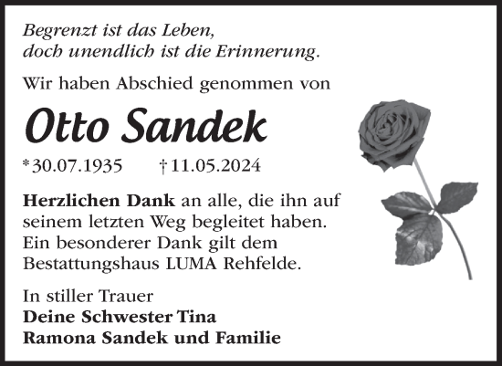 Traueranzeige von Otto Sandek von Märkische Oderzeitung