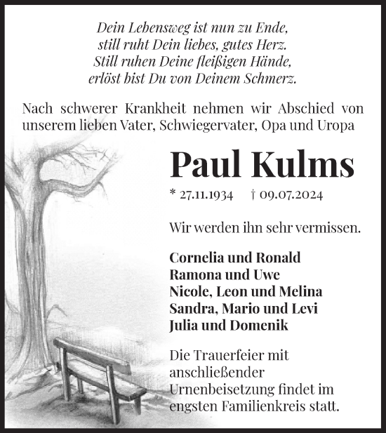 Traueranzeige von Paul Kulms von Märkische Oderzeitung
